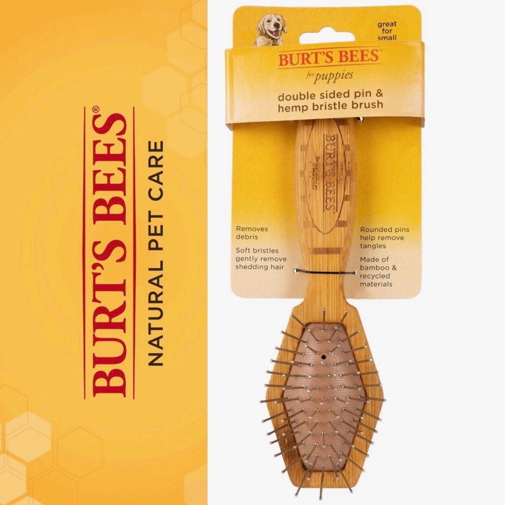NEW BURT’S BEES Puppy Double Sided Pin & Hemp Bristle Brush Pet Dog